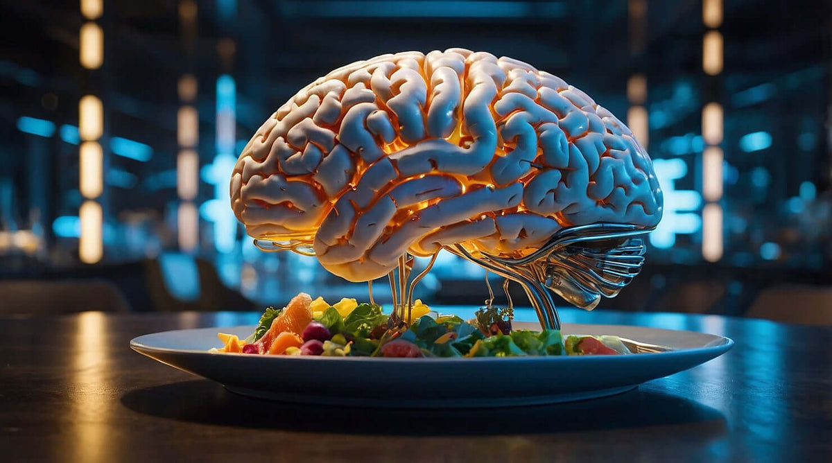 A futuristic, ultra-realistic image of a glowing human brain with vibrant dopamine and serotonin pathways, set against a luxurious modern dining scene. The brain symbolizes neurotransmitter balance and the concept of a dopamine detox, while the serene env