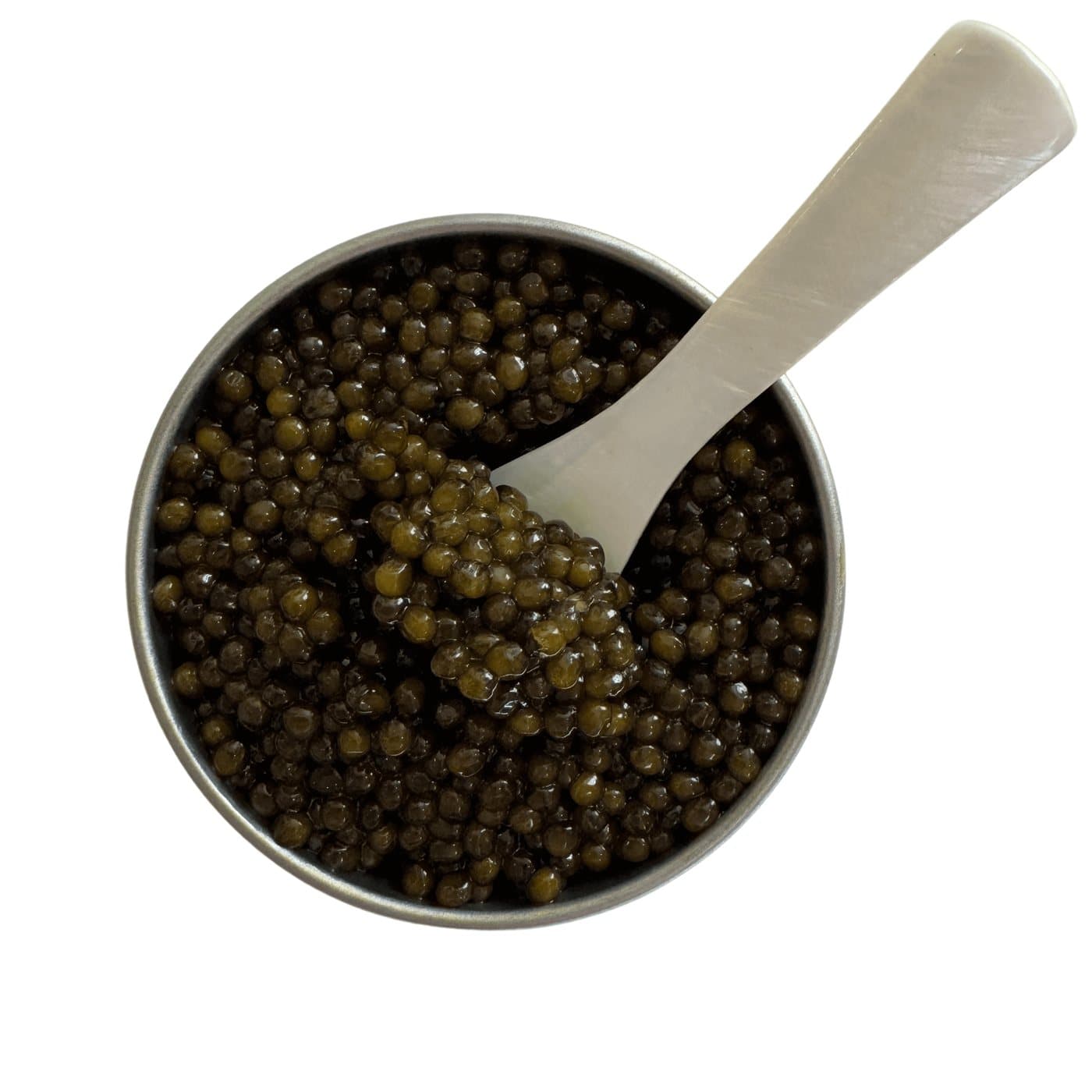 An open tin of Imperial Ossetra caviar with a mother-of-pearl spoon lifting the pearls
