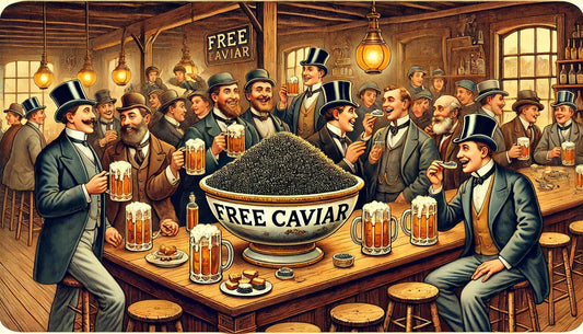 lively American bar scene in the late 1800s with men holding beer mugs and scooping free caviar from a large bowl, capturing the unique history of caviar as a bar snack in the USA.