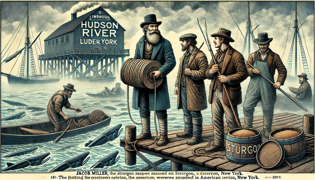 fishermen on a foggy Hudson River dock in the late 1800s, preparing to fish for sturgeon during the caviar boom era.