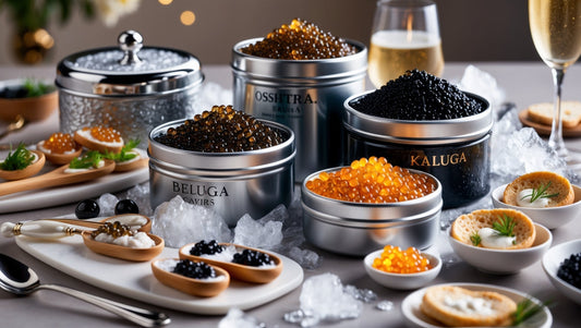 An elegant arrangement of sturgeon caviar varieties, including Beluga, Ossetra, and Kaluga caviar, displayed in luxurious tins on crushed ice with a mother-of-pearl spoon, champagne glass, and blinis, highlighting what is caviar, its taste, and caviar del