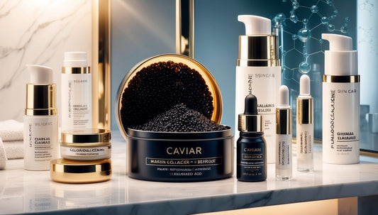 Photorealistic illustration of a luxurious beauty shelf featuring marine collagen serums, peptide creams, niacinamide elixirs, and an open tin of glistening black sturgeon caviar, showcasing the natural and chemical-free skincare revolution.