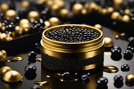 Ultrarealistic image of a luxurious tin of sturgeon caviar and a glass of water infused with collagen peptides on a sleek black surface, highlighting the synergy between Omega-3s and collagen peptides for radiant skin.