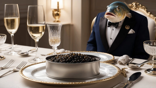 Luxurious tin of caviar with a humorous twist: a fish in a tuxedo and monocle sitting at a lavish table, showcasing the indulgent and playful nature of what does caviar taste like.