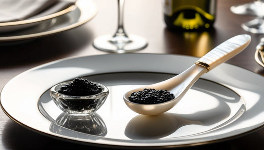 Elegant caviar spoon made of mother-of-pearl placed next to a crystal bowl of black caviar on a luxurious dining table, showcasing the timeless sophistication of caviar spoons.