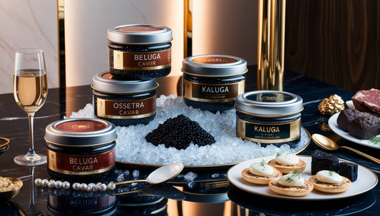 A luxurious display of caviar varieties, including Beluga, Ossetra, and Kaluga caviar, arranged on crushed ice with a mother-of-pearl spoon, blinis, and champagne, symbolizing the indulgence and cultural legacy of caviar as the richest food