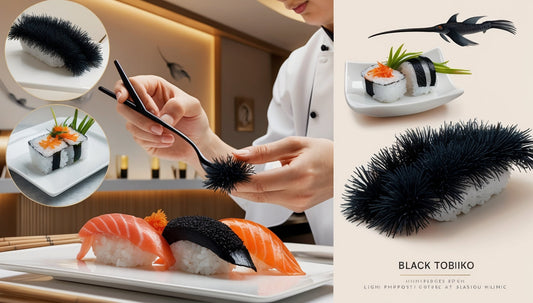 A sophisticated dining setup featuring black tobiko, glossy and rich, served on sushi rolls, seafood appetizers, and fusion dishes, showcasing its luxurious appeal and versatility in Japanese cuisine.