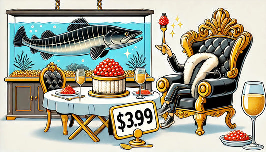 Cartoon illustration depicting the luxury and high cost of caviar, featuring an ornate dining setup with caviar, a rare sturgeon fish in a tank, and a high price tag to highlight exclusivity and rarity.