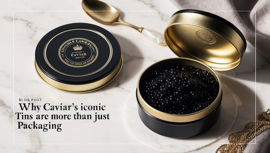 Opened luxury caviar tin with mother-of-pearl spoon on elegant marble background