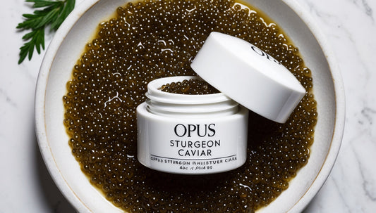 Close-up of Opus Sturgeon Caviar pearls rich in omega-3s and antioxidants for skincare benefits