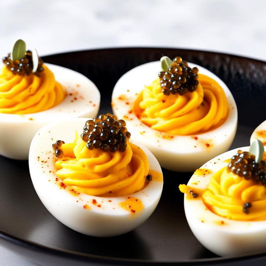 Deviled eggs topped with creamy yolk filling and luxurious Beluga Caviar, perfect for gourmet appetizers, caviar gift sets, and indulgent occasions.