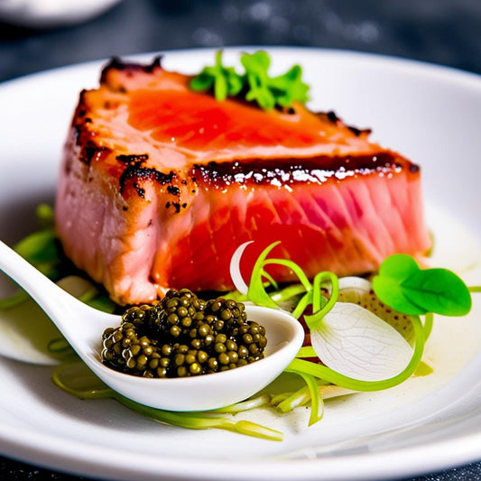 Seared ahi tuna steak plated with scallions, radishes, and a generous spoon of Opus Golden Sturgeon Caviar, a luxurious and elegant dish.