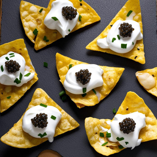 Golden tortilla chips topped with dollops of crème fraîche, black caviar, and a garnish of chopped chives, elegantly arranged on a platter.