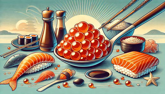 illustration of salmon roe (ikura) in a gourmet Japanese setting with sushi, soy sauce, and rice, highlighting the vibrant color and culinary appeal of salmon roe.