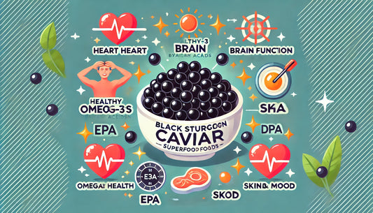 sturgeon caviar as a superfood, emphasizing omega-3 benefits for heart health, brain function, skin, and mood, with icons for each health benefit.