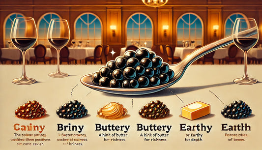 Illustration of the gourmet experience of tasting caviar, showing briny, buttery, and earthy flavors in a luxurious dining setting.