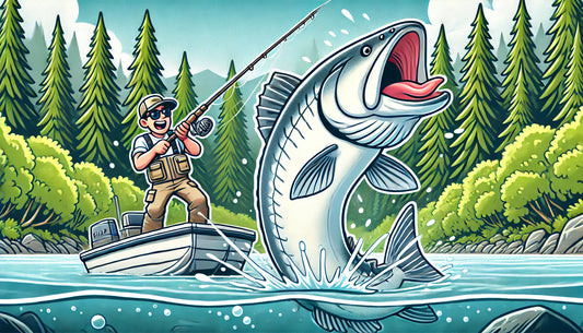 Cartoon illustration of an angler catching a large white sturgeon in the Pacific Northwest, showcasing catch and release fishing in a river with evergreen trees in the background.