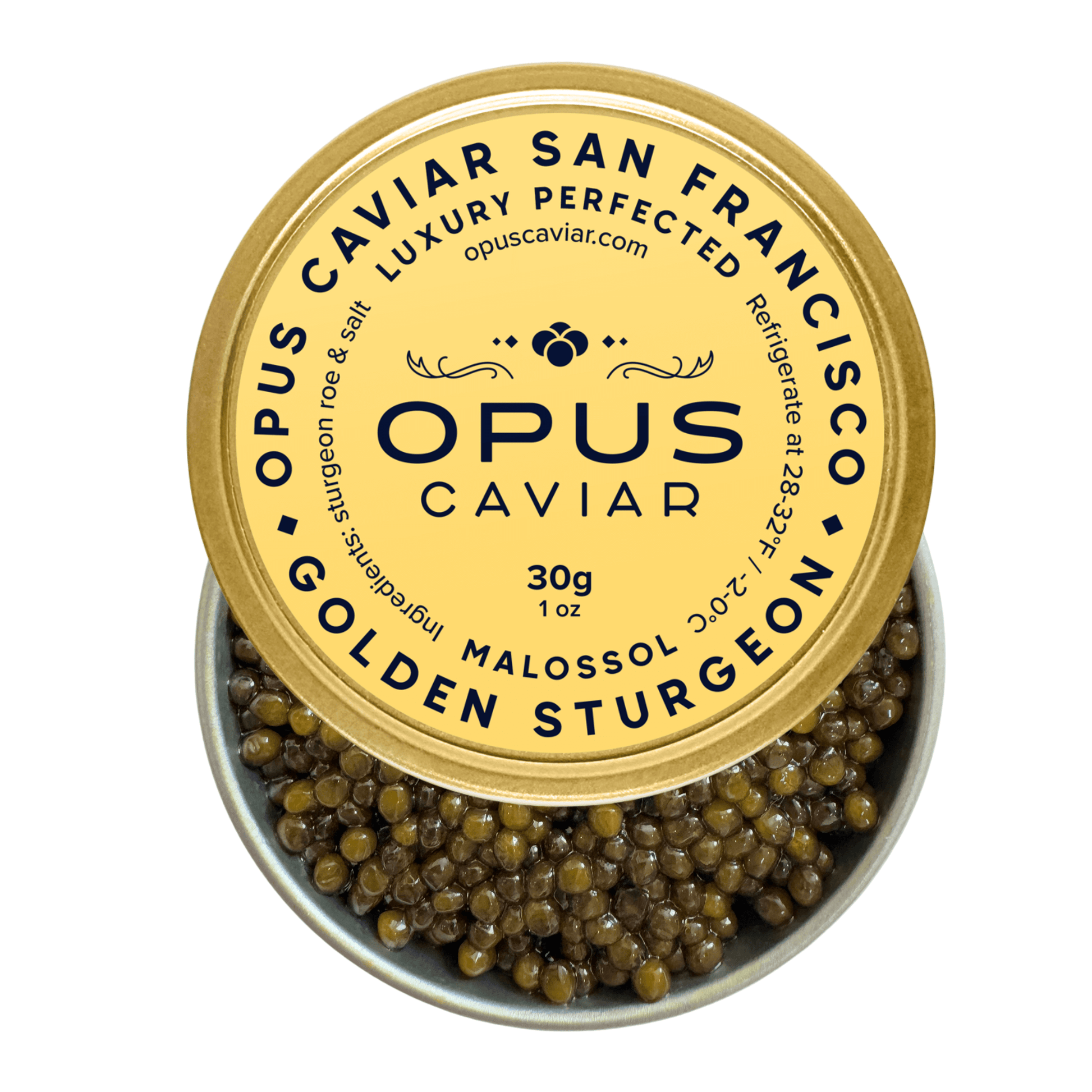Golden Sturgeon Caviar 30g tin from Opus Caviar, featuring rich pearls for luxurious gourmet experiences.